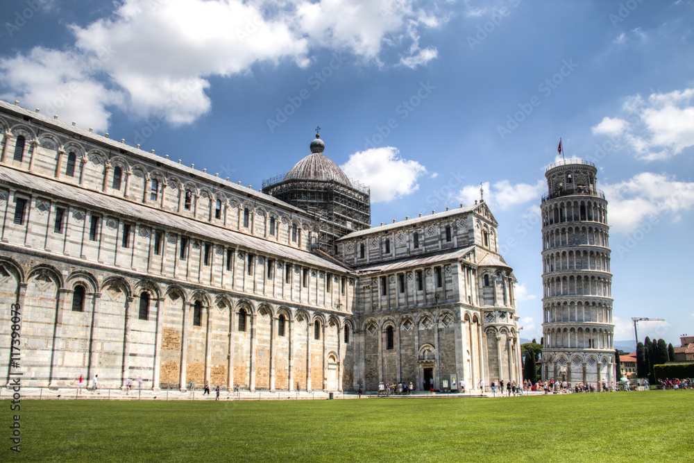 The world famous basilica of Pisa with in the background the leaning tower

