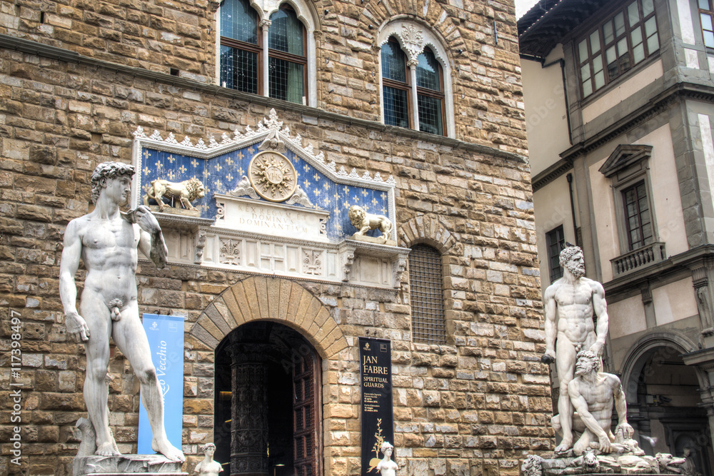 Statues of David and Hercules on the piazza della Signoria in Florence in Italy
