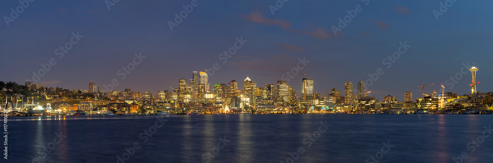 Seattle City Skyline along Lake Union Evening Panorama