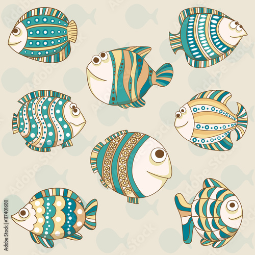Illustration of cute different fishes .  Seamlessly pattern