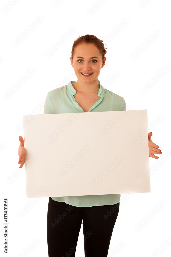Sign board. Woman holding big white blank card. Positive emotion Sign board. Woman holding big white blank card. Positive emotion