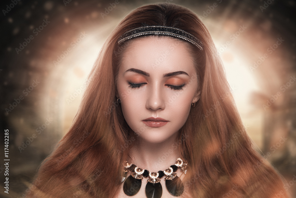Girl close-up beauty portrait, professional make up, long volume orange  brown hair, newcomer from the future. huge flash of light around her head,  prediction psychic insight. Feel wild energy creative Stock Photo |