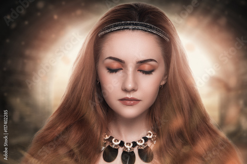 Photography Girl close-up beauty portrait, professional make up, long volume orange brown hair, newcomer from the future
