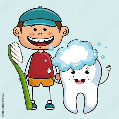 happy smiling cartoon boy wth a tootbrush and a big tooth