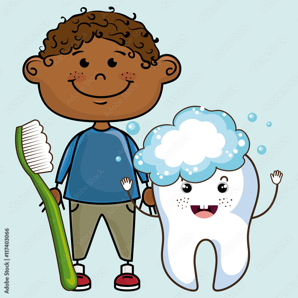 Fototapeta premium smiling cartoon child with toothbrush and big cartoon tooth, den