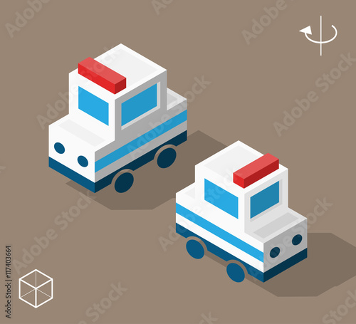 Set of Isolated Isometric Minimal City Elements. Police Car with Shadows.