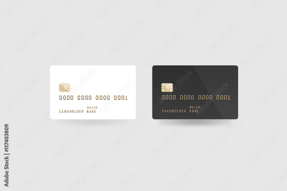 Blank white credit card mockup isolated, clipping path, front and back side, 3d illustration. Empty plastic card mock up. Clear surface bank card with electronic chip. Debit card design template. Blank white credit card mockup isolated, clipping path, front and back side, 3d illustration. Empty plastic card mock up. Clear surface bank card with electronic chip. Debit card design template.