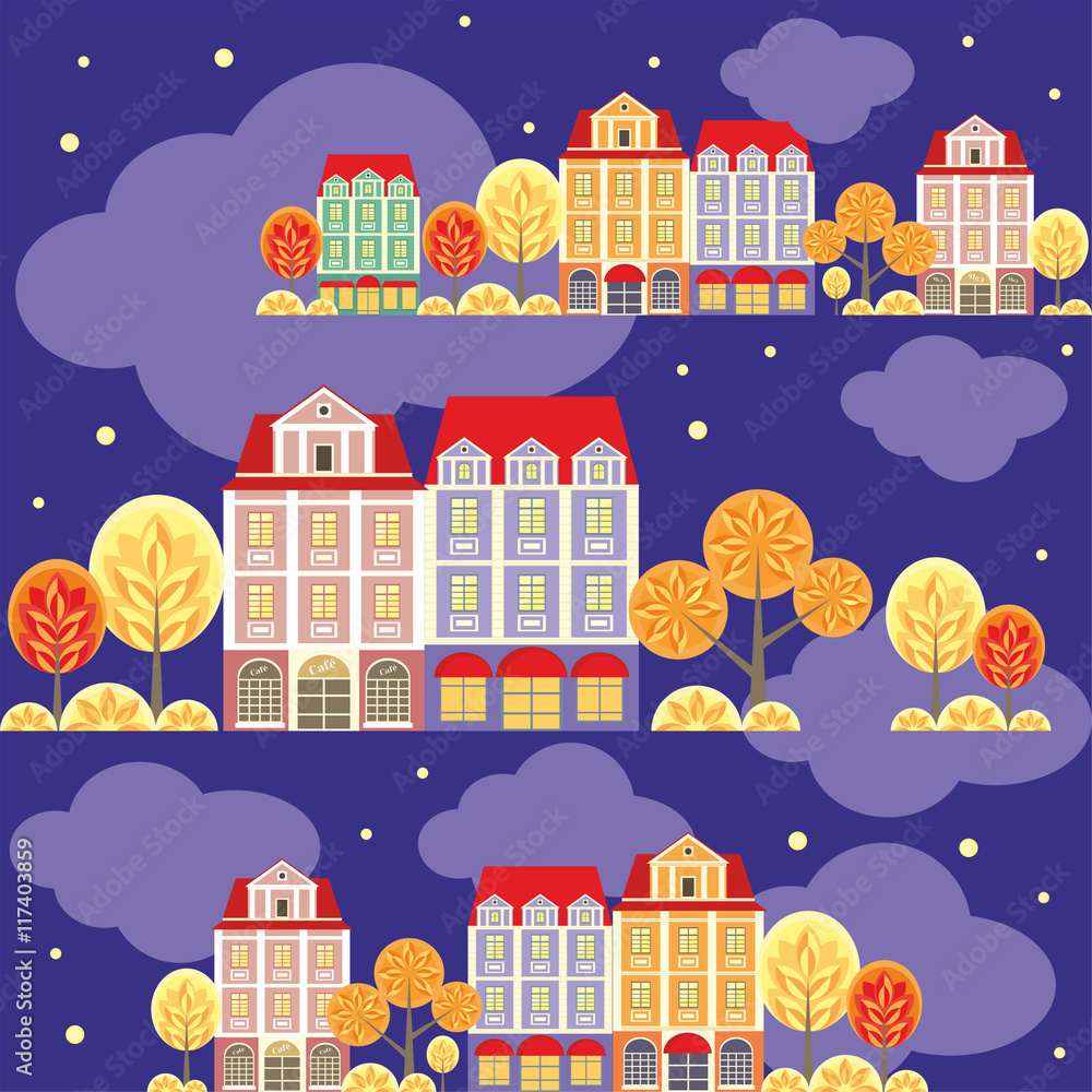 Fototapeta seamless pattern with the image of old town houses, clouds and trees.night autumn cityscape.