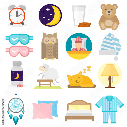 Sleep time icons flat set with window milk and cookies isolated vector illustration. Sleep icons moon set pillow clock dream healthy lifestyle. Bedroom rest star human collection sleep icons.