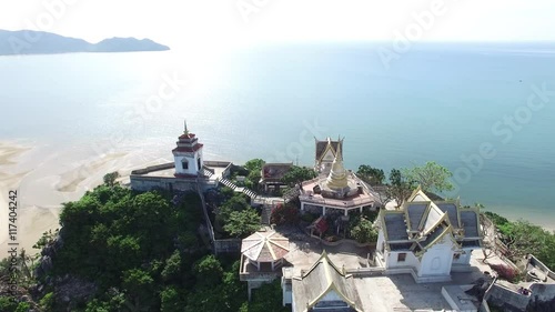 aerial view Wat Khao Chong Krajok temple on hilltop landmark of Prachuap Khiri Khan Province Thailand photo