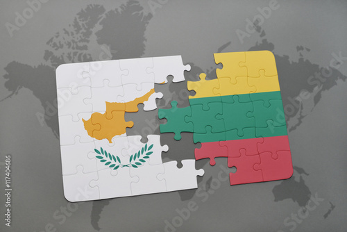 puzzle with the national flag of cyprus and lithuania on a world map background.