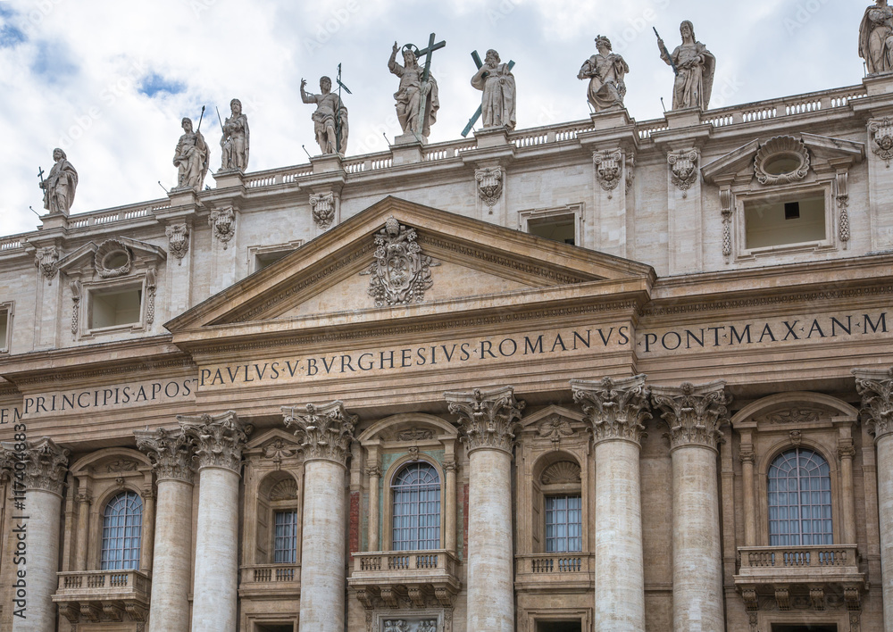 Facade of the Saint Peter's Basilica and balcony where Pope stands, St.Peter Square, Rome. Vatican