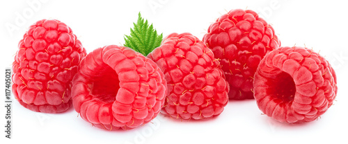 Five ripe raspberries in a line with green leves isolated on white background with clipping path