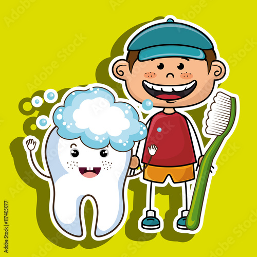 happy smiling cartoon boy wth a tootbrush and a big tooth