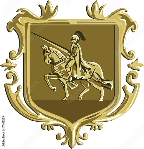 Knight Riding Steed Lance Coat of Arms Retro