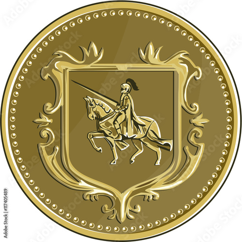 Knight Riding Steed Lance Coat of Arms Medallion Retro