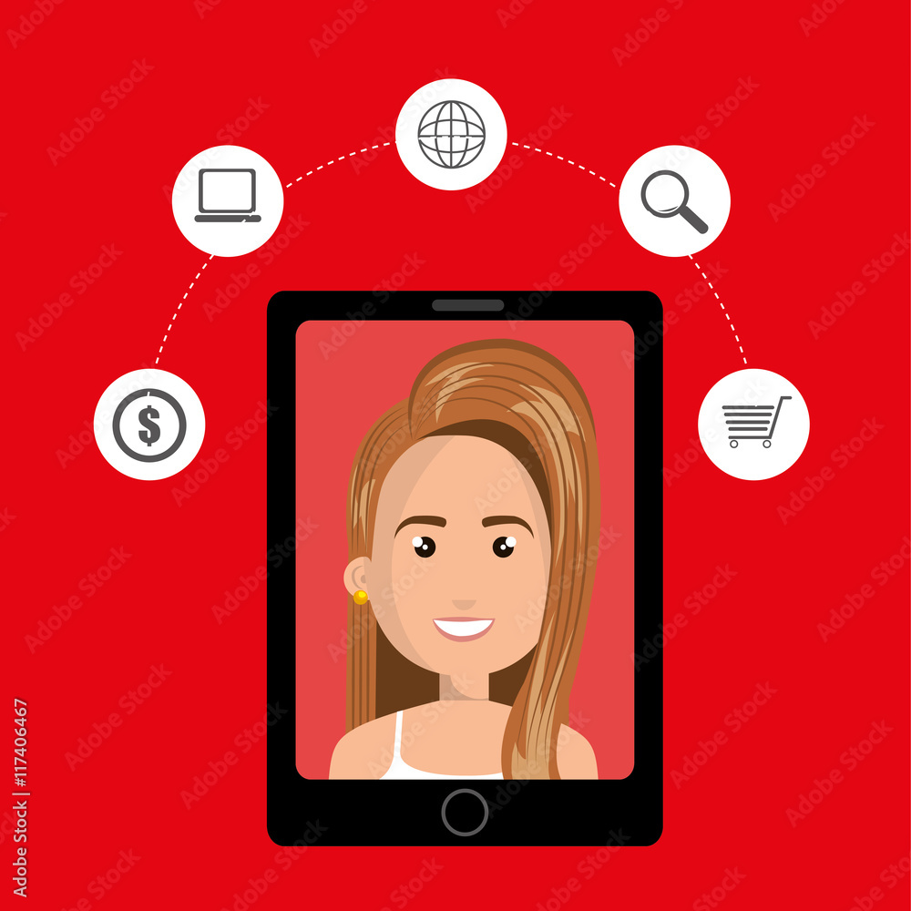 black smartphone with a woman in the screen and shopping stuff a black smartphone with a woman in the screen and shopping stuff a
