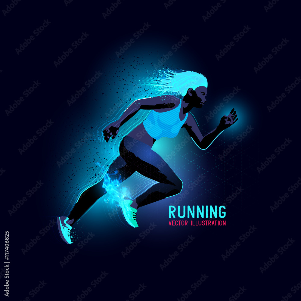 Neon glowing backlit silhouette of a woman running - vector illustration