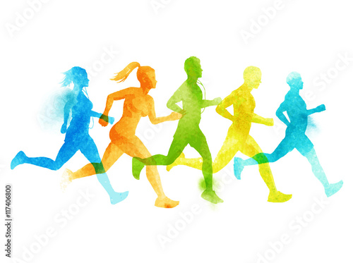 A running group of active people, men and women. Watercolour vector illustration.