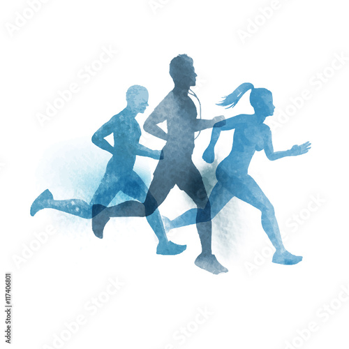 A team of active runners. Watercolour vector illustration.