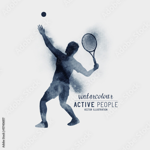 Professional Tennis player about to hit a tennis ball for serve - Watercolour vector illustration.