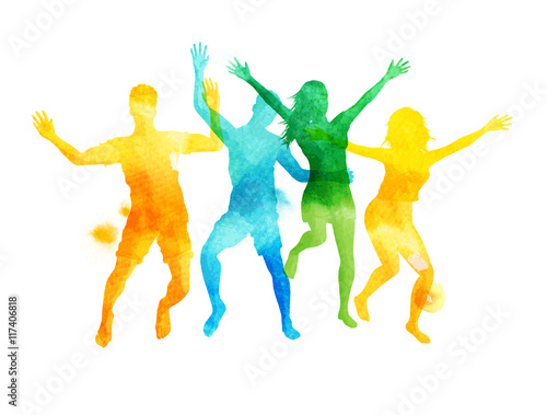 A group of friends jumping in summer. Watercolour vector illustration.