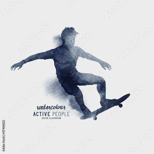 A Skater riding a skateboard. Watercolour vector illustration.