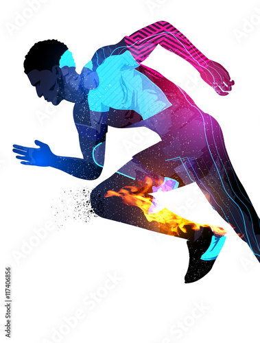 Double exposure effect vector illustration of a running sports man with texture effects.