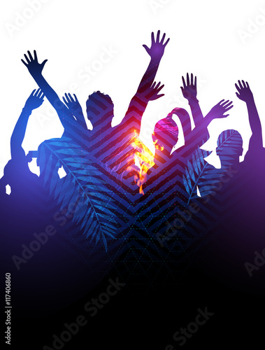 Double Exposure effect vector illustration of a huge crowd of young people dancing at a festival.