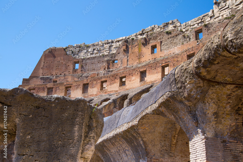 ROME, ITALY - APRIL 8, 2016: Ruins of Coliseum, panoramic view upper levels
