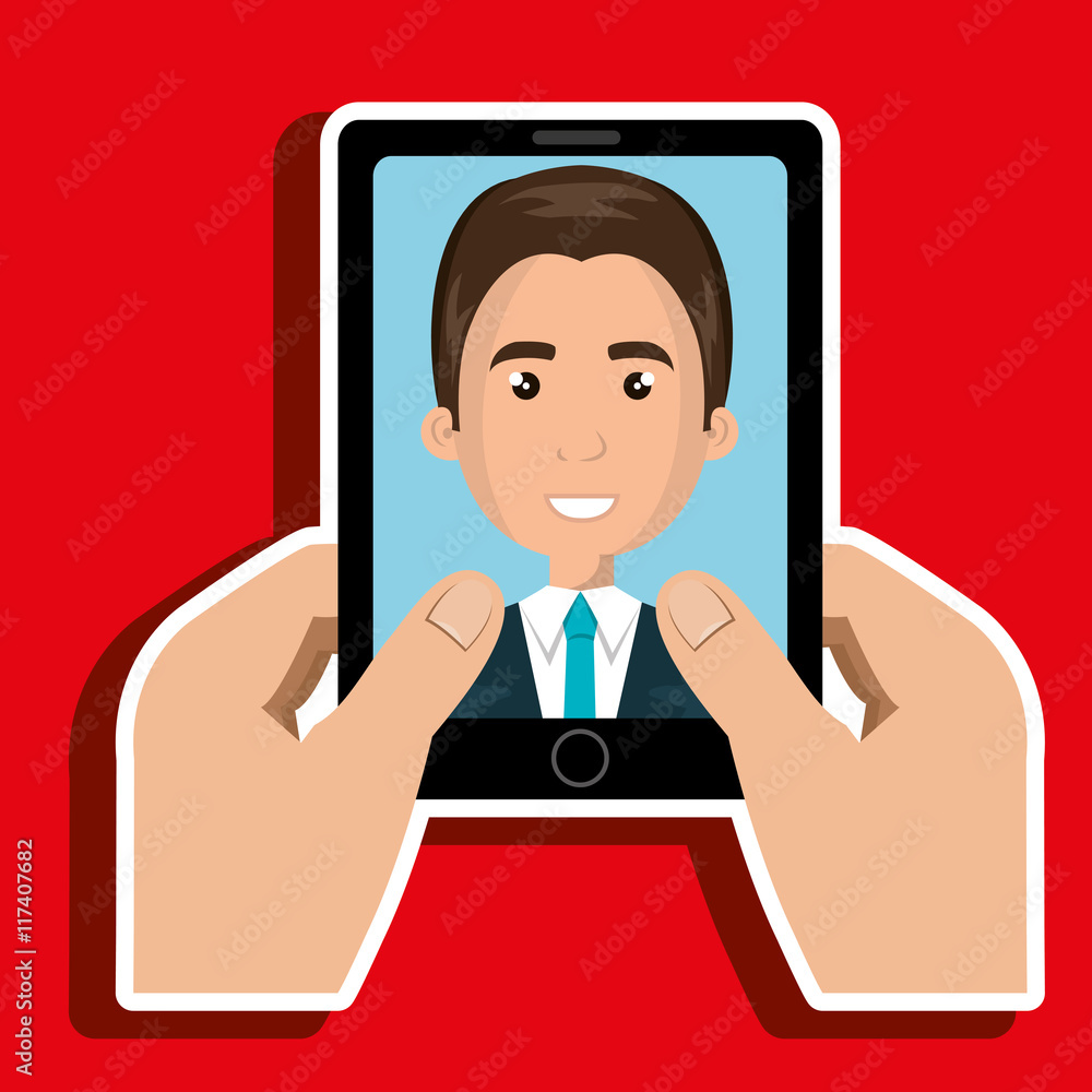 cartoon hands holding black smartphone with a business man in th cartoon hands holding black smartphone with a business man in th