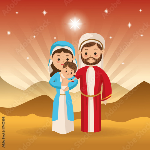 Merry Christmas and holy family concept represented by joseph maria and jesus icon over desert landscape. Colorfull illustration.