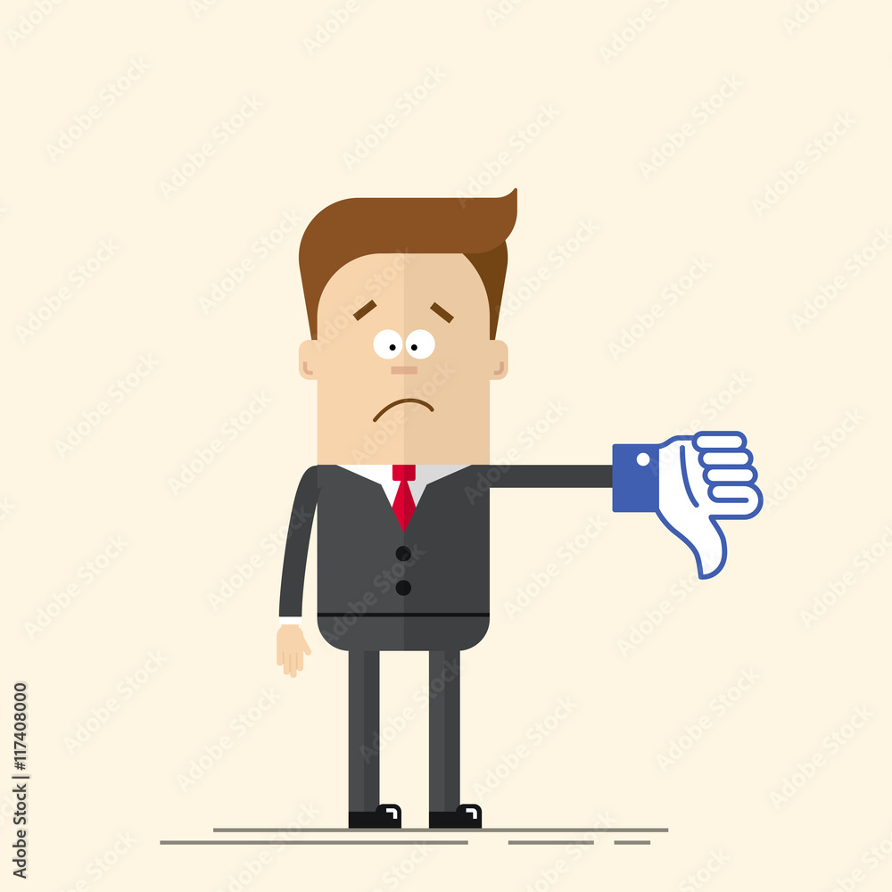 Sad businessman or manager shows a sign Thumb Down blue color. Dislike  icon. man in business suit and tie. Comic hand. Vector in flat, cartoon  style. Stock Vector | Adobe Stock