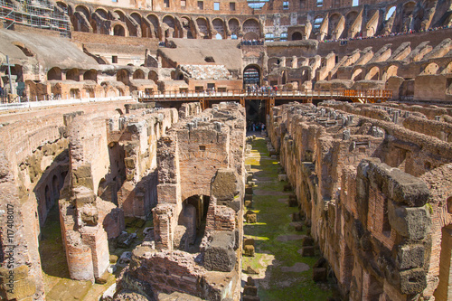 ROME, ITALY - APRIL 8, 2016: Ruins of Coliseum, panoramic view with underground levels of gladiator's rooms and animal's cages photo