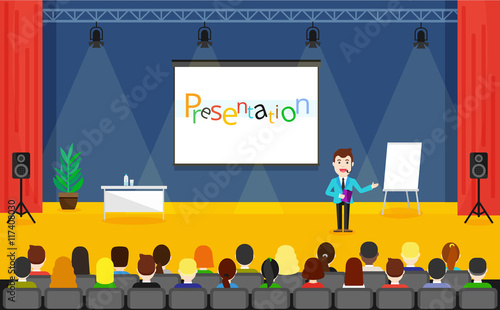 Seminar and Training vector illustration. Speaker in a suit with microphone standing near flipchart. Speaking to the audience concept.