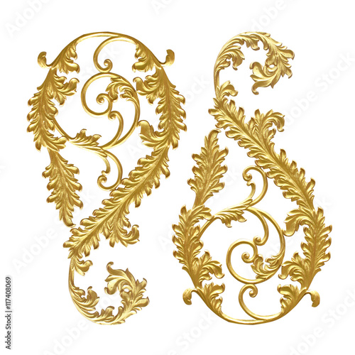 Ornament elements, vintage gold floral designs on white backgrou