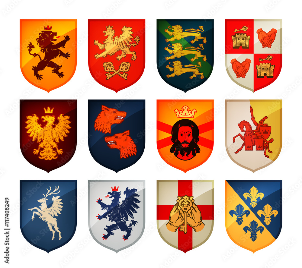 Fototapeta premium Royal coat of arms on shield vector logo. Heraldry, blazonry set icons