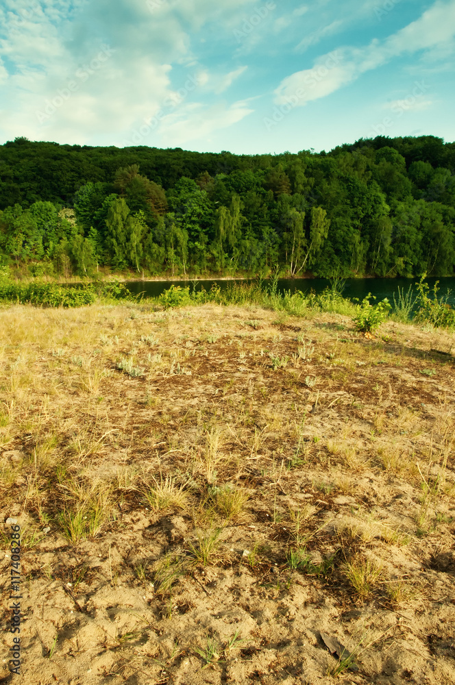 Fototapeta premium Lake with crystal clear water and green forest.