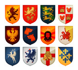 Royal coat of arms on shield vector logo. Heraldry, blazonry set icons