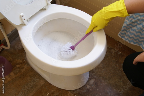 Scrubbing the toilet. Hand in cleaning glove cleaning the toilet with a brush.