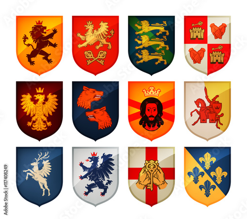 Royal coat of arms on shield vector logo. Heraldry, blazonry set icons