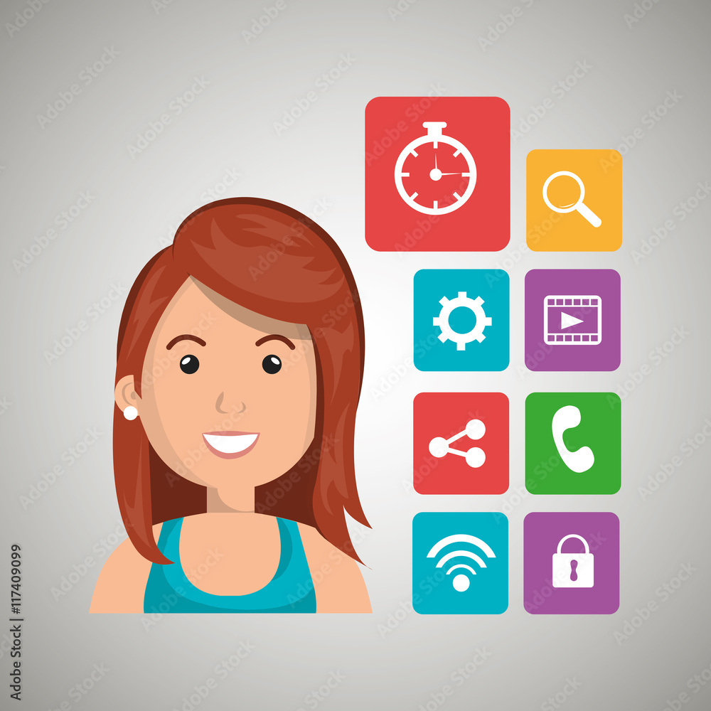 Cartoon woman with media icon set, vector graphic Cartoon woman with media icon set, vector graphic