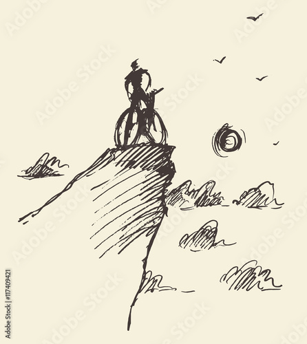 Sketch rider bicycle standing top hill vector