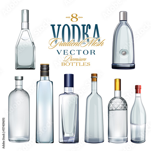 Various Types Of Vodka Bottles. Vector Illustration