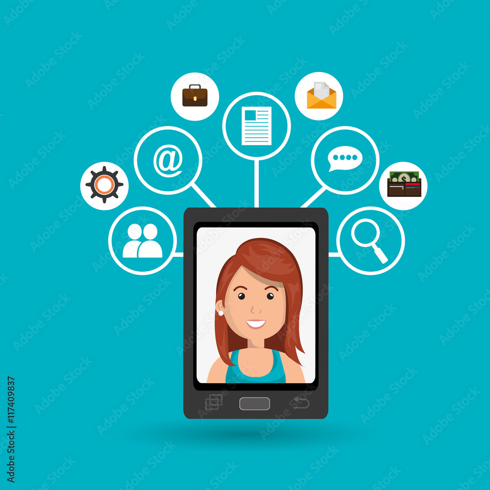 cartoon woman on smartphone screen and media icon set above vect cartoon woman on smartphone screen and media icon set above vect