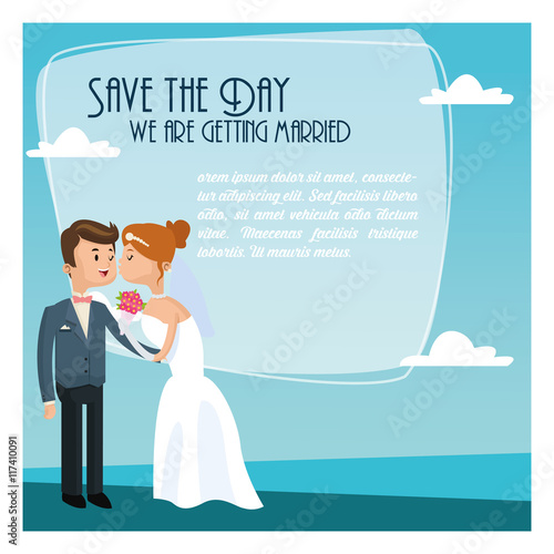 sky couple cartoon girl boy man woman save the date wedding icon. Colorfull and flat illustration. Vector graphic