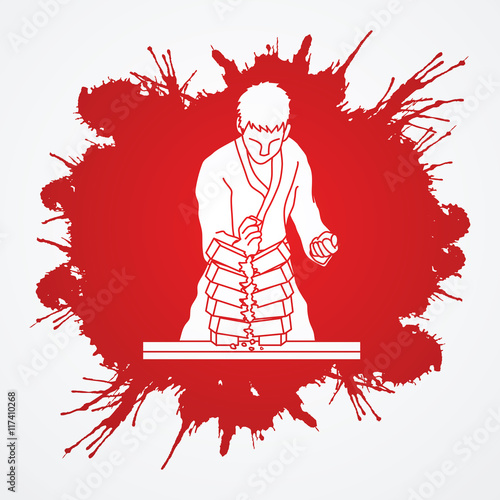 Karate man breaking bricks designed on grunge blood background graphic vector.