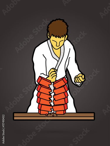 Karate man breaking bricks graphic vector.