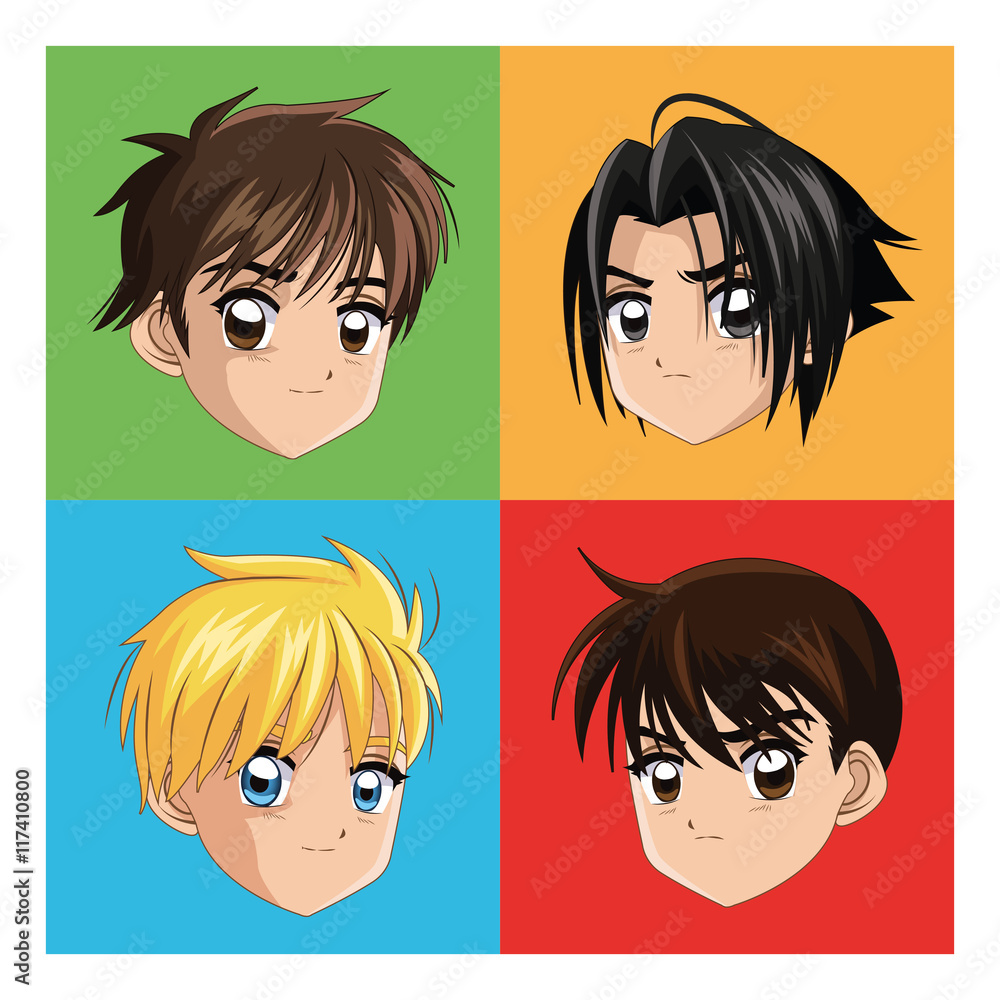 Boy anime male manga cartoon comic icon. Colorfull and frames illustration. Vector graphic Boy anime male manga cartoon comic icon. Colorfull and frames illustration. Vector graphic