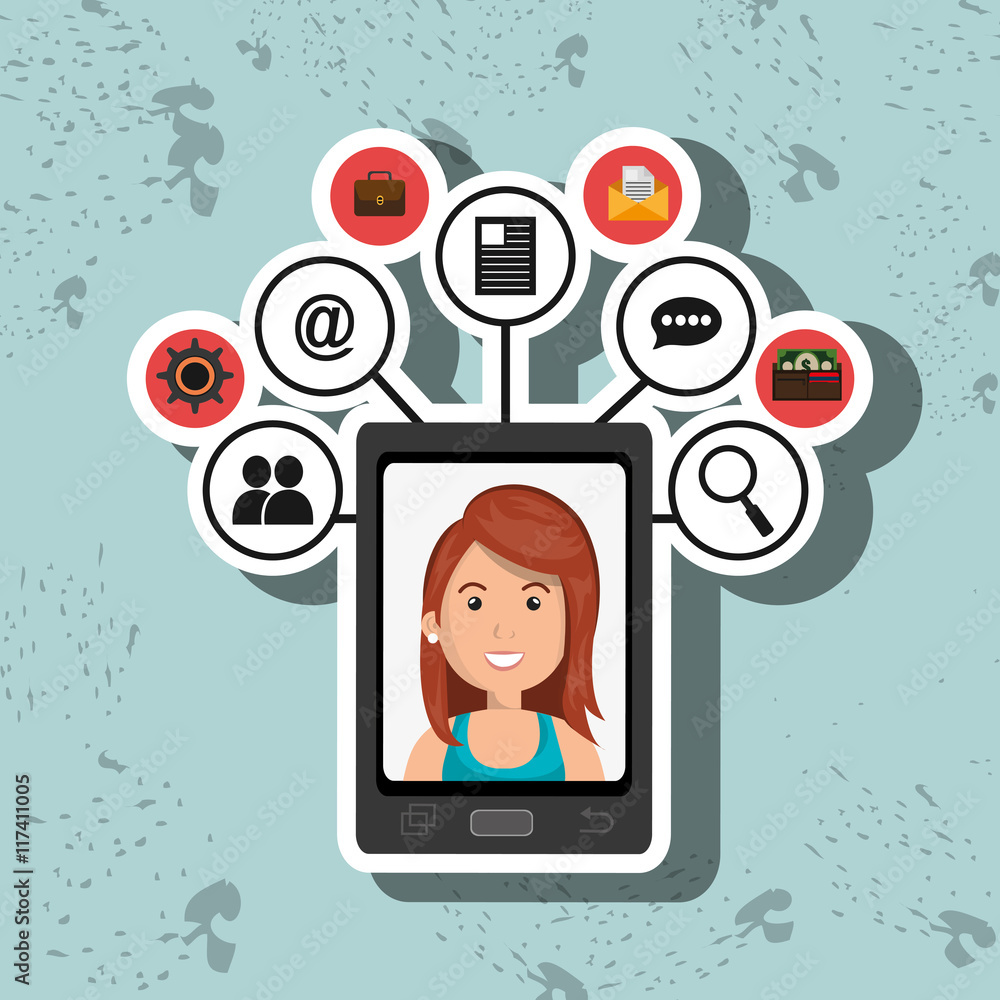 cartoon woman on smartphone screen and media icon set above vect cartoon woman on smartphone screen and media icon set above vect